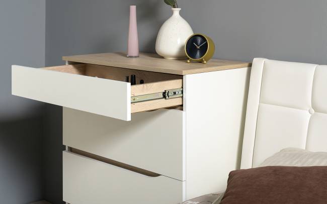 Муссон мебель для спальни: кровать 1600, основание, тумбочка и комод 4-ре ящика цвет белый/дуб эндгрейн элегантный Муссон мебель для спальни: кровать 1600, основание, тумбочка и комод 4-ре ящика цвет белый/дуб эндгрейн элегантный