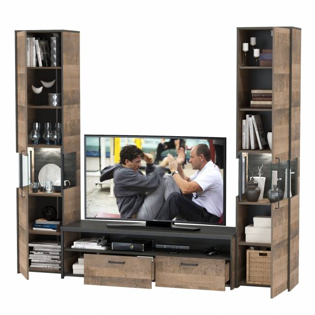 Два шкафа-пенала с подсветкой и тумба под ТВ Трувор № 18 цвет дуб гранж песочный/интра