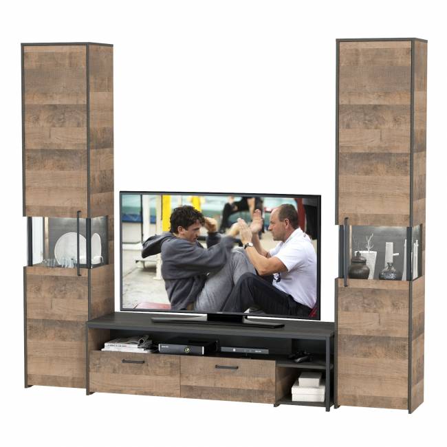 Два шкафа-пенала с подсветкой и тумба под ТВ Трувор № 18 цвет дуб гранж песочный/интра