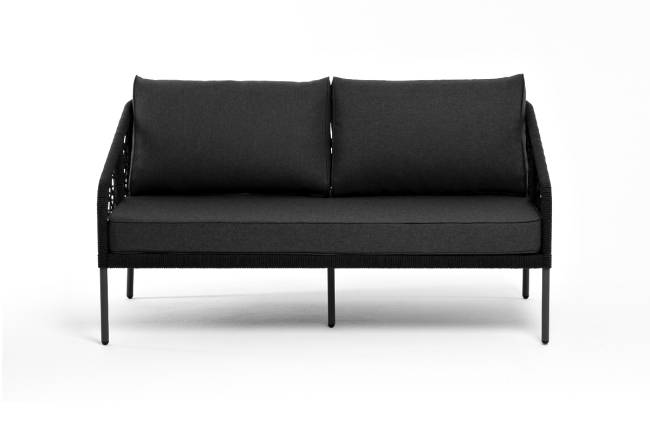 "Канны" диван 2-местный плетеный из роупа (узелки), каркас алюминий темно-серый (RAL7024) муар, роуп темно-серый круглый, ткань темно-серая 027