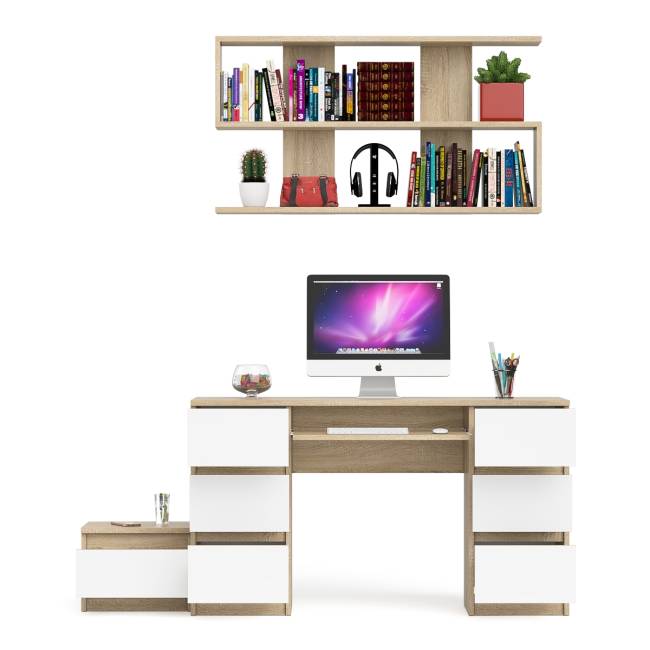 Двухтумбовый стол компьютерный Мори МС-2 с тумбочкой с ящиком и полкой на 1200 цвет дуб сонома/белый