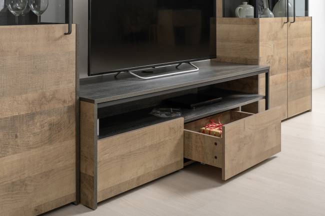 Стенка в гостиную лофт с подсветкой Трувор № 36 цвет дуб гранж песочный/интра