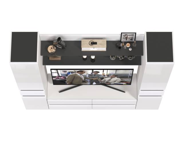 Два пенала с ящиком с двумя полочками и ТВ-тумбой Сидней цвет белый/чёрный/МДФ белый глянец