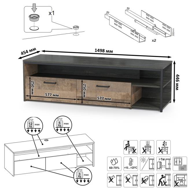 Комод с дверкой и ящиком с ТВ-тумбой для гостиной Трувор и открытый стеллаж с полками цвет дуб гранж песочный/интра Комод с дверкой и ящиком с ТВ-тумбой для гостиной Трувор и открытый стеллаж с полками цвет дуб гранж песочный/интра