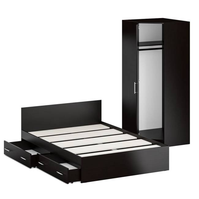 Двуспальная кровать с ящиками 1400 со шкафом для одежды 2-х створчатым Стандарт цвет венге