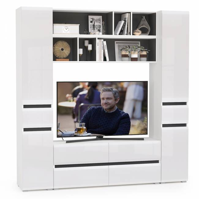 Сидней стенка для гостиной Комплектация № 40 цвет белый/чёрный/фасады МДФ белый глянец