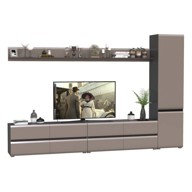 Две тумбы для телевизора с двумя верхними полочками и шкаф с дверками Сидней цвет антрацит/МДФ веллюто капучино Две тумбы для телевизора с двумя верхними полочками и шкаф с дверками Сидней цвет антрацит/МДФ веллюто капучино