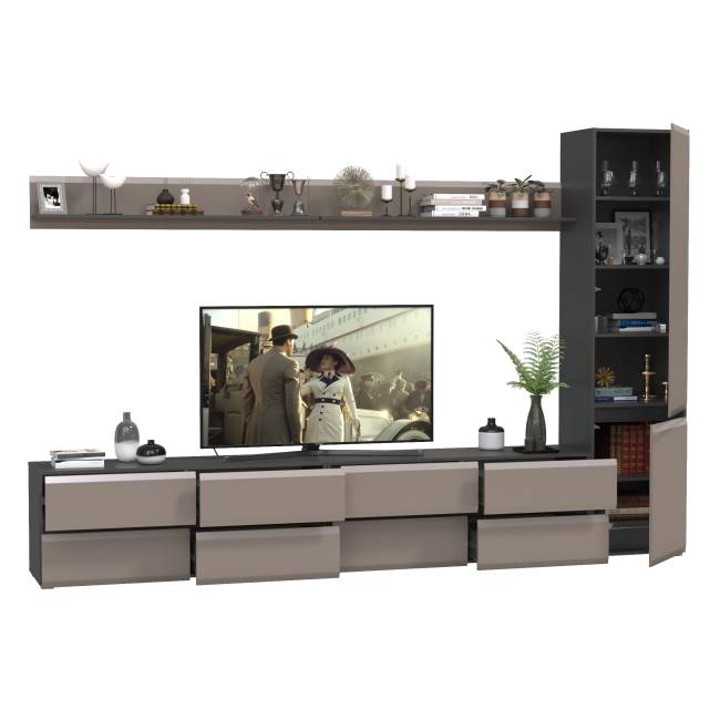 Две тумбы для телевизора с двумя верхними полочками и шкаф с дверками Сидней цвет антрацит/МДФ веллюто капучино Две тумбы для телевизора с двумя верхними полочками и шкаф с дверками Сидней цвет антрацит/МДФ веллюто капучино