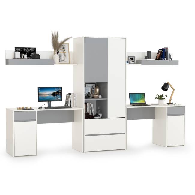 Столы компьютерные Торонто для двоих детей с полками и шкафом цвет белый шагрень/стальной серый