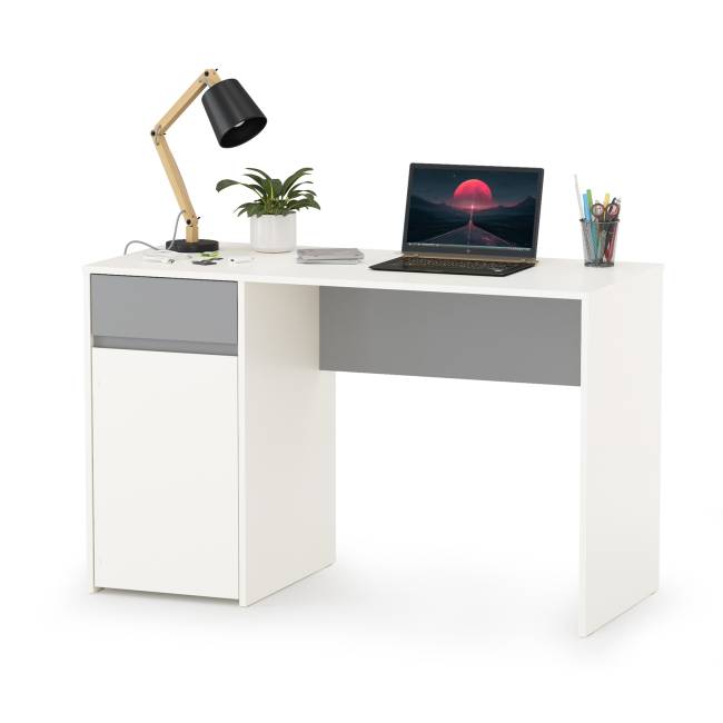 Столы компьютерные Торонто для двоих детей с полками и шкафом цвет белый шагрень/стальной серый