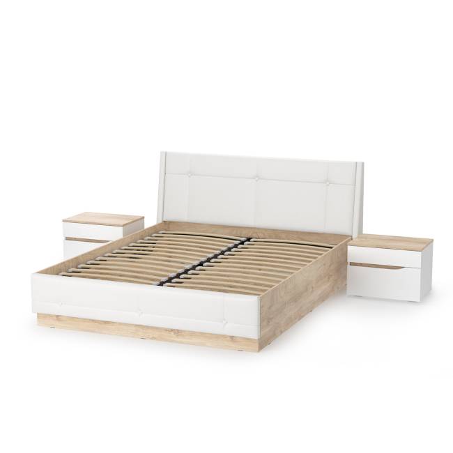 Кровать с подъёмным основанием и двумя прикроватными тумбами Муссон цвет белый/дуб эндгрейн элегантный/кожзам белый Кровать с подъёмным основанием и двумя прикроватными тумбами Муссон цвет белый/дуб эндгрейн элегантный/кожзам белый