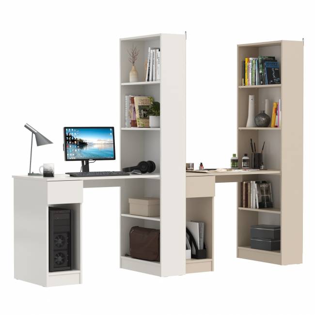 Два стола письменных с выдвижным ящиком и открытым шкафом Лайт 10.01 цвет белый гладкий/сатин Два стола письменных с выдвижным ящиком и открытым шкафом Лайт 10.01 цвет белый гладкий/сатин