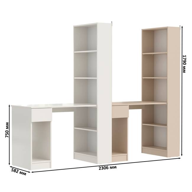 Два стола письменных с выдвижным ящиком и открытым шкафом Лайт 10.01 цвет белый гладкий/сатин Два стола письменных с выдвижным ящиком и открытым шкафом Лайт 10.01 цвет белый гладкий/сатин