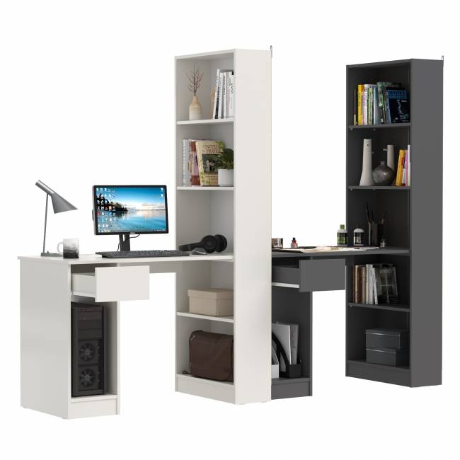 Два стола письменных со стеллажом с полками Лайт 10.01 цвет белый гладкий/тёмно-серый