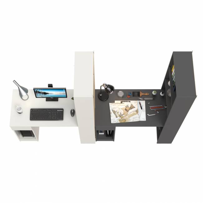 Два стола письменных со стеллажом с полками Лайт 10.01 цвет белый гладкий/тёмно-серый