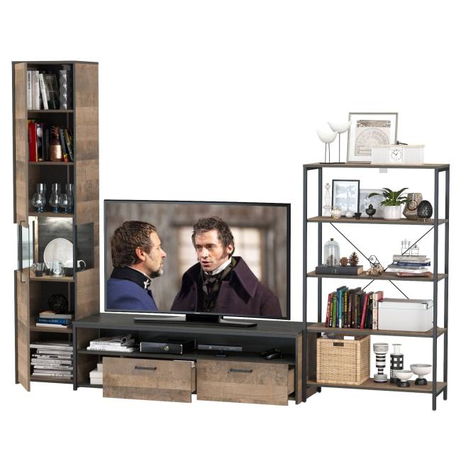 Стенка для гостиной Трувор № 14 с пеналом-витриной с подсветкой цвет дуб гранж песочный/интра Стенка для гостиной Трувор № 14 с пеналом-витриной с подсветкой цвет дуб гранж песочный/интра