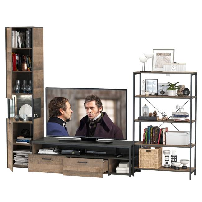 Стенка для гостиной Трувор № 14 с пеналом-витриной с подсветкой цвет дуб гранж песочный/интра Стенка для гостиной Трувор № 14 с пеналом-витриной с подсветкой цвет дуб гранж песочный/интра