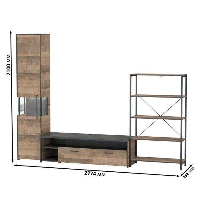 Стенка для гостиной Трувор № 14 с пеналом-витриной с подсветкой цвет дуб гранж песочный/интра Стенка для гостиной Трувор № 14 с пеналом-витриной с подсветкой цвет дуб гранж песочный/интра